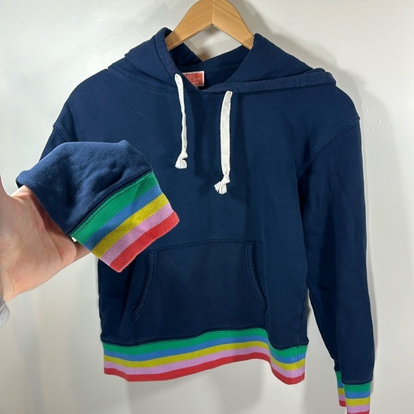 J. Crew Weekend Rainbow Terry Striped Hem Cuff Navy Hoodie Woman's XS Nautical - Picture 1 of 4